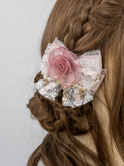 Jirai Kei Pink/Apricot/Black Lace Rose Beaded Chain Lolita Hairclip