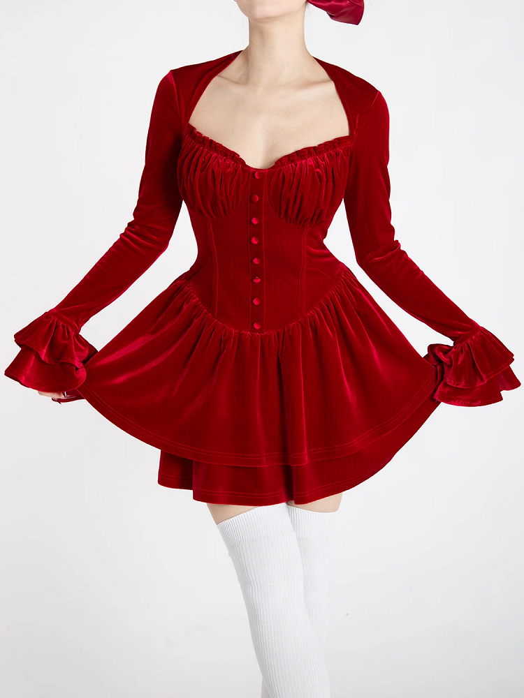 Glamouröses Minikleid aus rotem Samt mit V-Ausschnitt und Glockenärmeln und Stufenrock