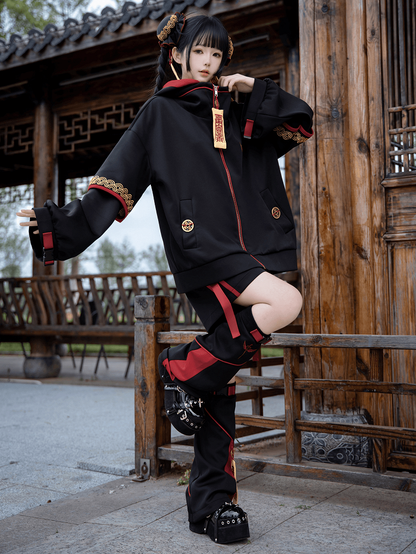 Red Goth Techwear × Little Zombie Hooded Jacket Cheongsam Outfit: Black