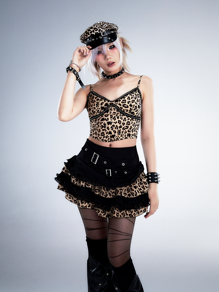 Crisscross Waist Belt Black Leopard Punk Lace Tiered Mini Skirt With