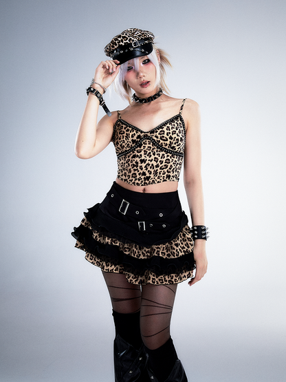 Crisscross Waist Belt Black Leopard Punk Lace Tiered Mini Skirt With