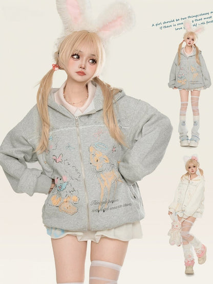 Grau/Weißer Frühlings-Kapuzenpullover mit Cartoon-Tiermuster