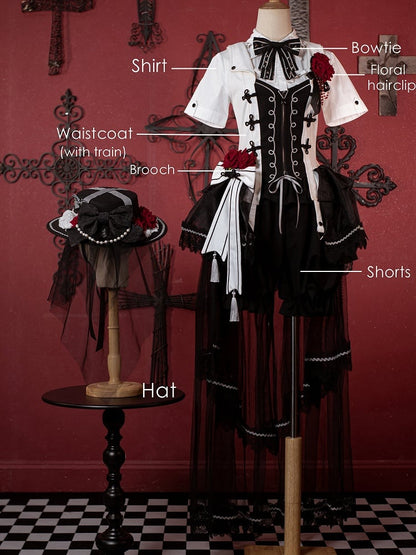 Ouji Accessories Lolita Hat Full + Rose Set Waistcoat Gothic Short Sleeves Aristocrat Shorts Shirt Bloomer