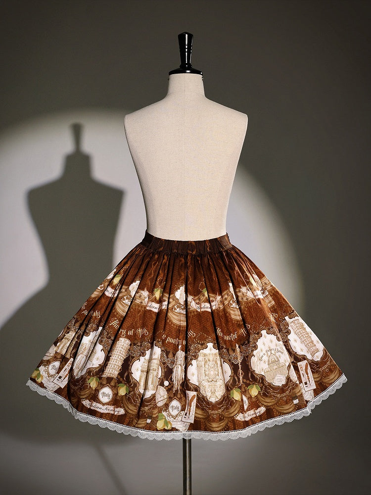 Vintage Italian Travel Print Brown Lolita Skirt with Retro Charm - Alice Girl