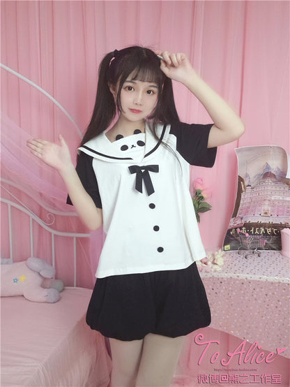 Sailor Design Collar Black and White Top Panda