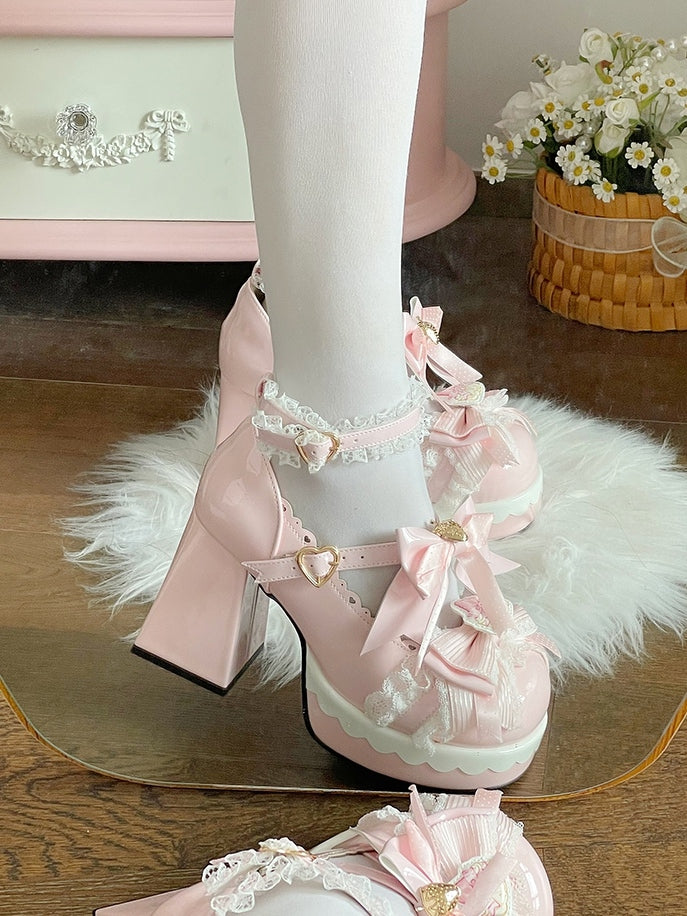 Accents Lolita Decor Pink Decorative Heart Heel Snap in Bow Sweet PU Strawberry Janes Block High Mary
