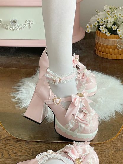 Accents Lolita Decor Pink Decorative Heart Heel Snap in Bow Sweet PU Strawberry Janes Block High Mary