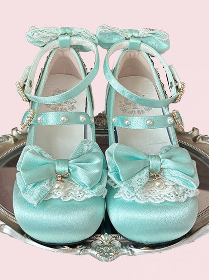Heel Snap Heart Green Mary Details Lolita Satin - Ornate Grass Bowknot Low with Sweet Janes