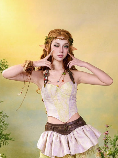 Fairycore Mori Kei Purple & Green Halter Neck Corset Top with Strap Design - Virtual Orbit