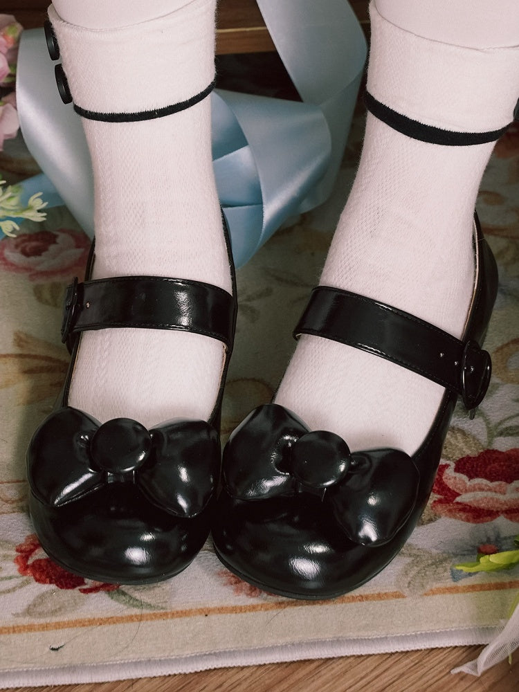 Mary Black - Bow Heel Buckle Heart Low Janes Sweet Lolita Toe at Top Round PU