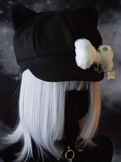 Gothic Decorated Bone Black Plush Pin Ear Hat Beret Design Cat