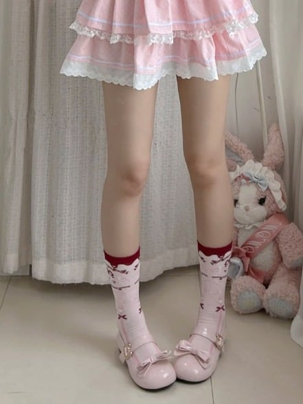 Cute Pink Lolita Calf Socks with Bow Print Pattern - The Private Collection of Xiaowanzi