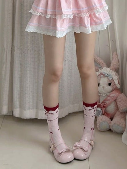 Cute Pink Lolita Calf Socks with Bow Print Pattern - The Private Collection of Xiaowanzi