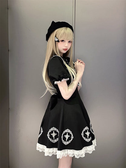 ブラック ジライケイ フリル レーストリム クロスドレス ビッグリボントレーン付き