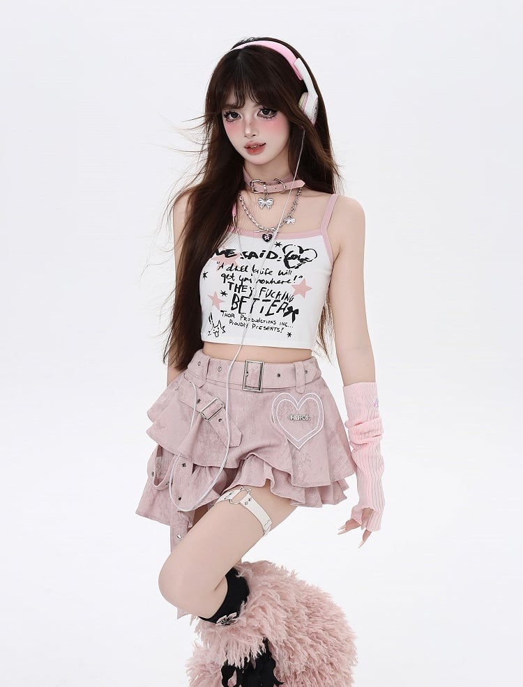 アシンメトリーなY2Kピンクのハートアップリケがほろ苦いティアードスカート