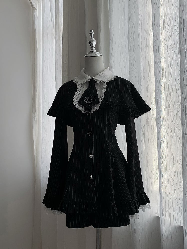 Embroidered Detachable Sleeves Black Bell with Ensemble Tie - Mini Dress Cape Shorts Kei Striped Jirai