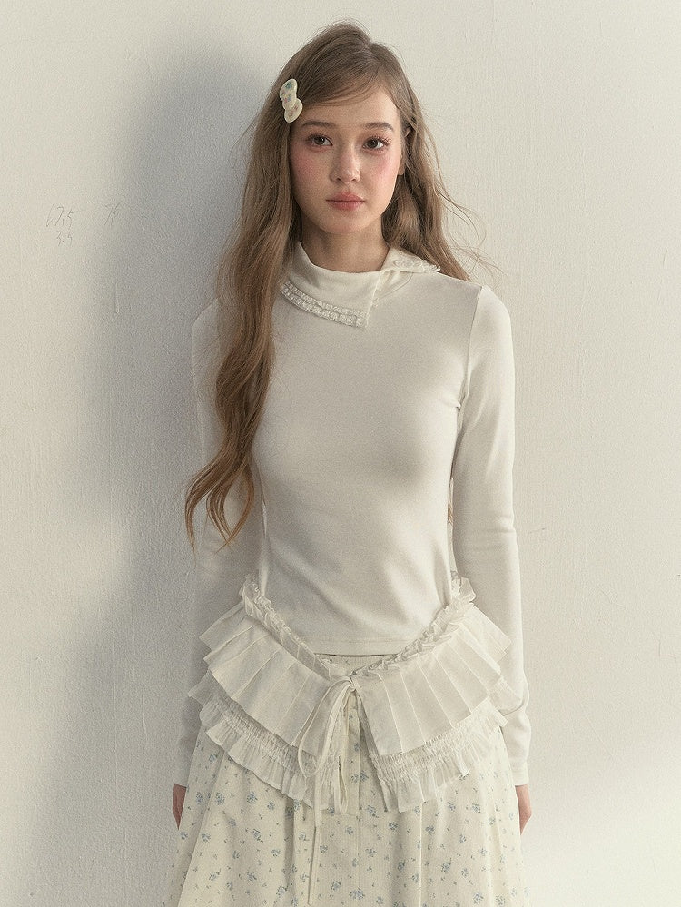 T-Shirt Asymmetrical Design and Sweet Collar Ruffled Sleeve with Long