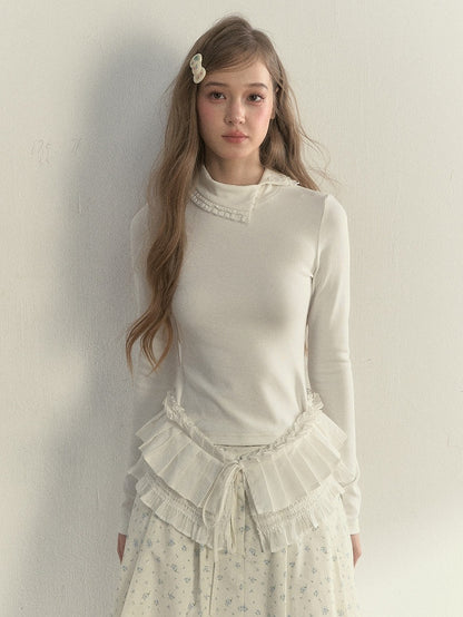 T-Shirt Asymmetrical Design and Sweet Collar Ruffled Sleeve with Long