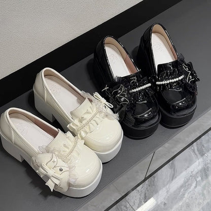 Rabbit Details Trim Block with - Design High Ruffle Bead Platform Lolita Black Heels Cross-Embroidered