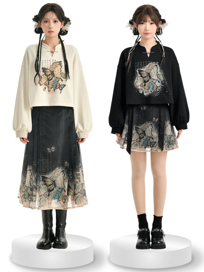 Gebänderter Sweatshirtkragen Schmetterlingsstil Cheongsam-Druck Schwarz/Apricot