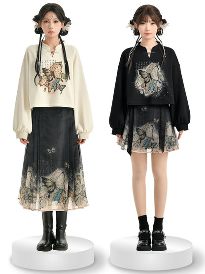 Banded Butterfly Print Sweatshirt Collar Style Cheongsam Black/Apricot