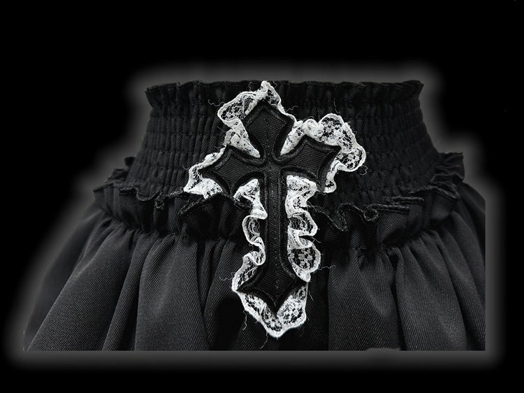 Y2K ブラッククロスアップリケ レースアクセント パンク ティアード ミニスカート