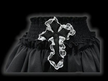 Y2K ブラッククロスアップリケ レースアクセント パンク ティアード ミニスカート