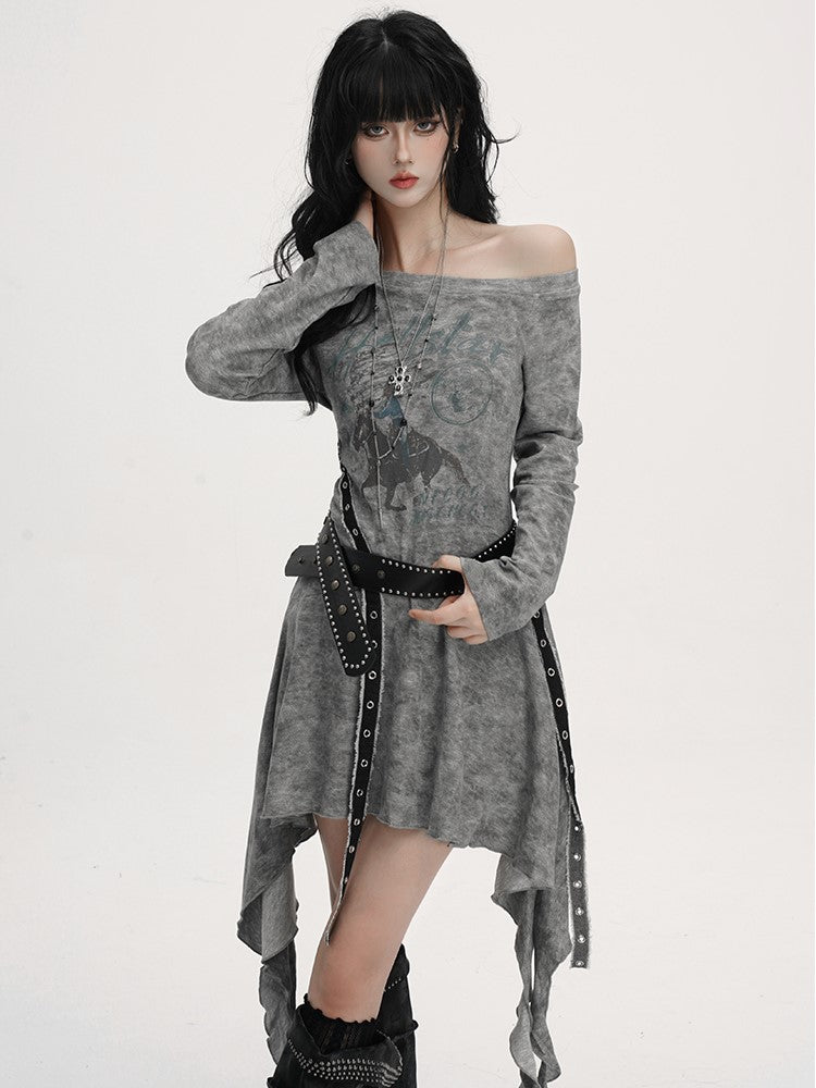 Equestrian Asymmetrical Studded Belt with Handkerchief Dress Gothic Neckline Hem Gray