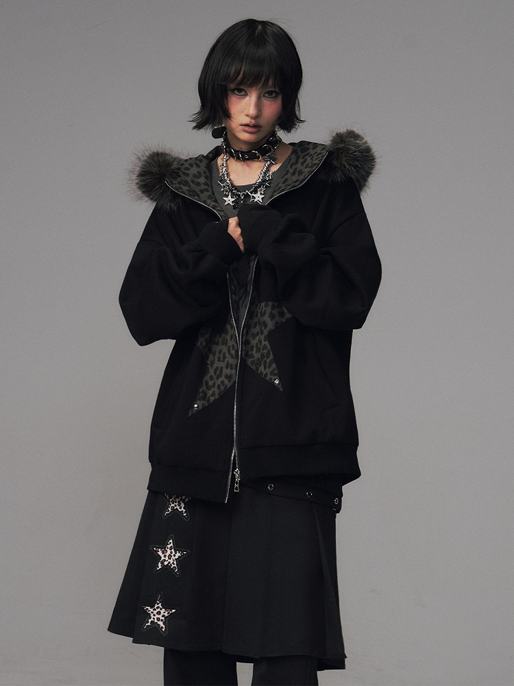 Design Jacket Star-shaped Leopard Patchwork Black - Gyaru Print
