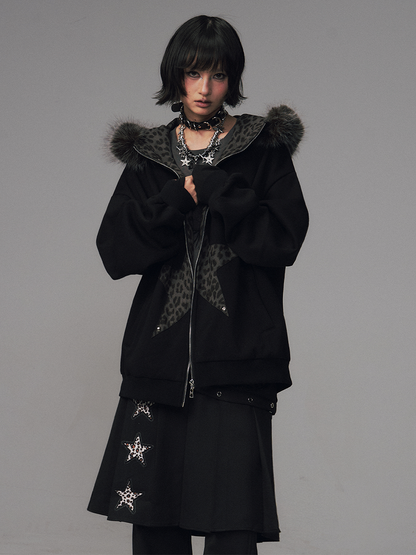 Design Jacket Star-shaped Leopard Patchwork Black - Gyaru Print