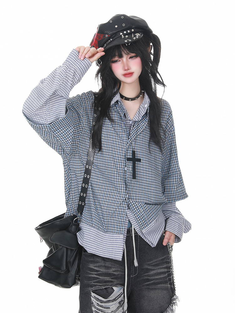 Ways Shirt-Two Wear Deconstructed Plaid Blue Faux Two-Piece