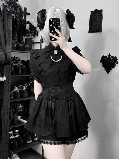 Jirai-Kei Black Jacquard High-Rise Skirt with Attached Shorts - Angel Share