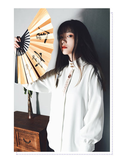 Shirt Gothic Cheongsam with Embroidery Metal Clasp White Floral