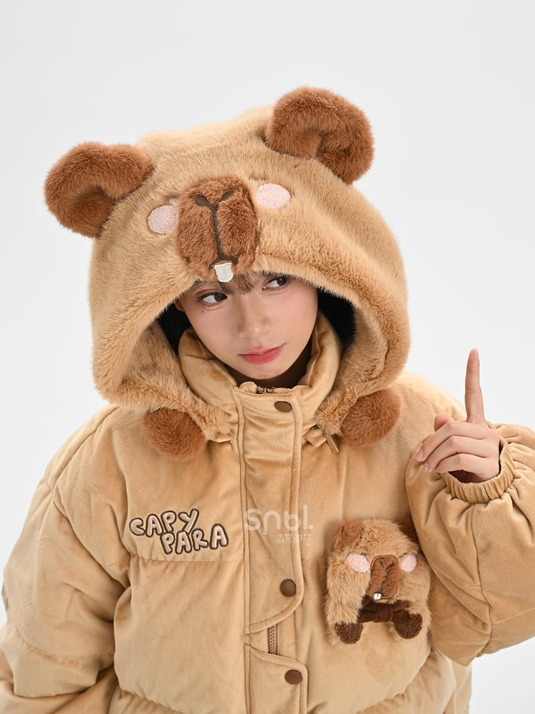 Khaki Cute Capybara Adorned Hooded Down Jacket Detachable Hood