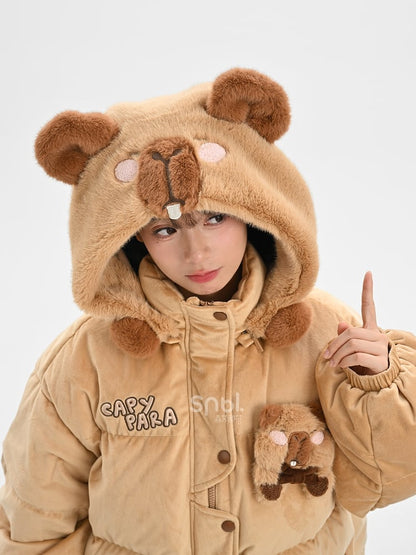 Khaki Cute Capybara Adorned Hooded Down Jacket Detachable Hood