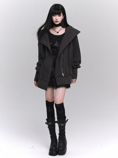 with Gothic Dark Ribbed Front Details Zip-Up Gray Fleece-Lined Jacket Hooded