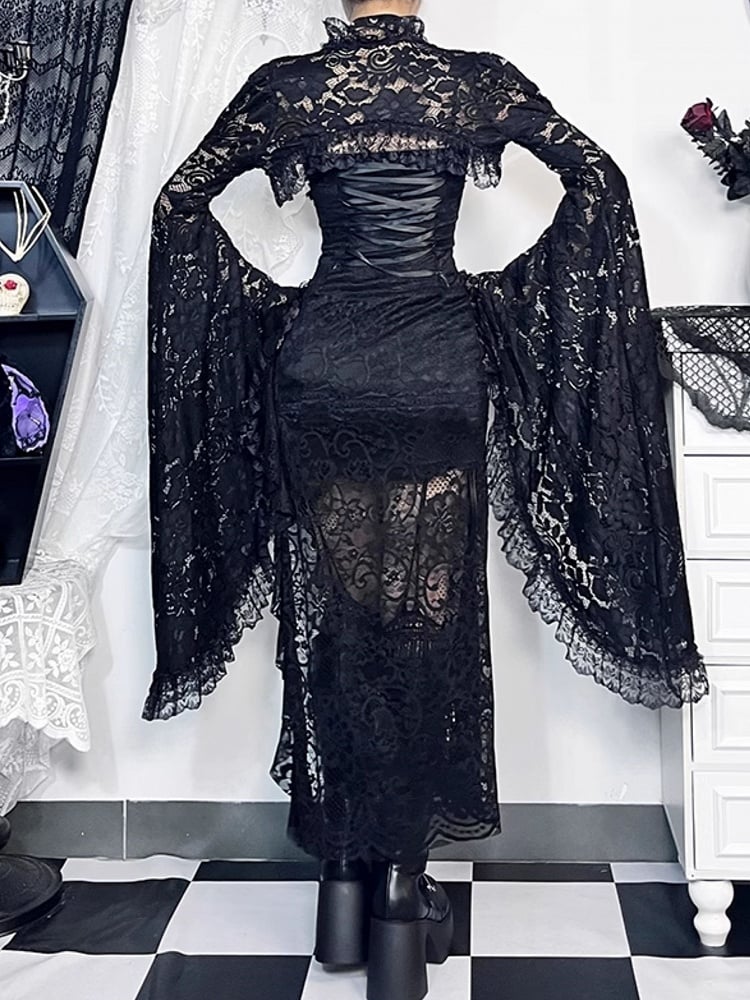 Black Lace Shrug Embroidery Sleeve Floral Trim Bell Gothic Halloween with