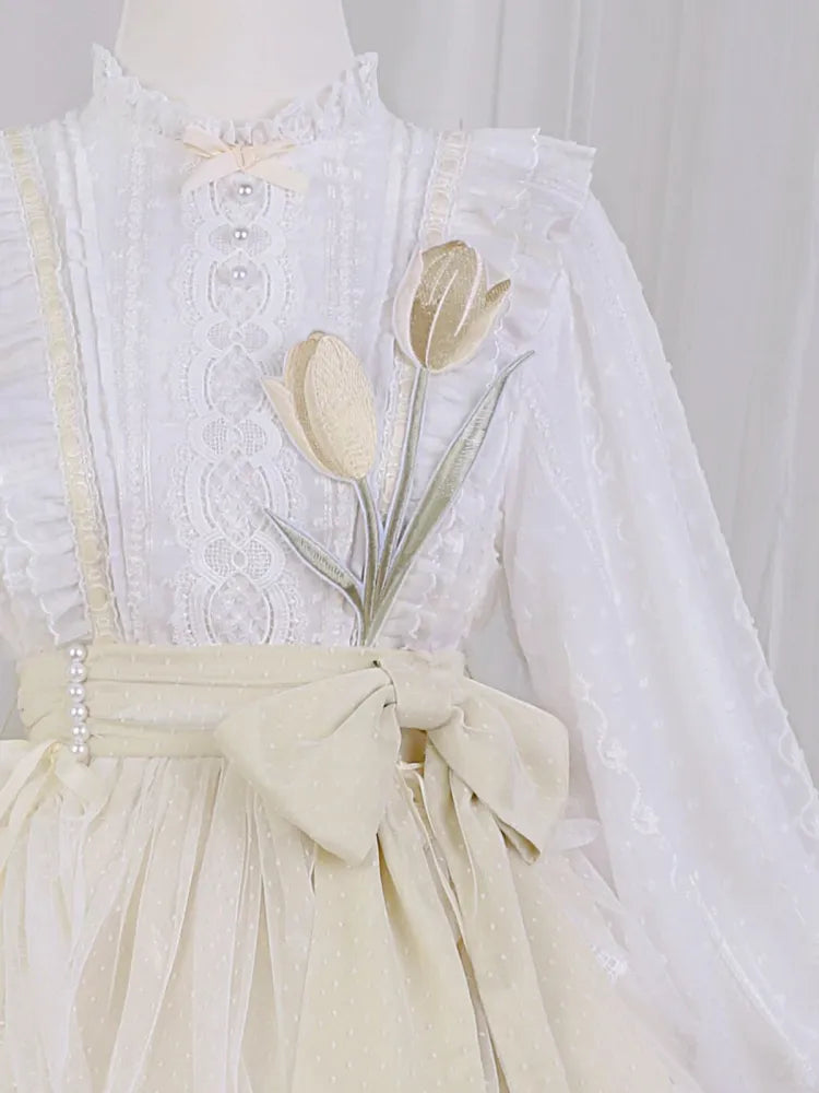 White Embroidery Tulip One Applique and Bodice Piece Yellow