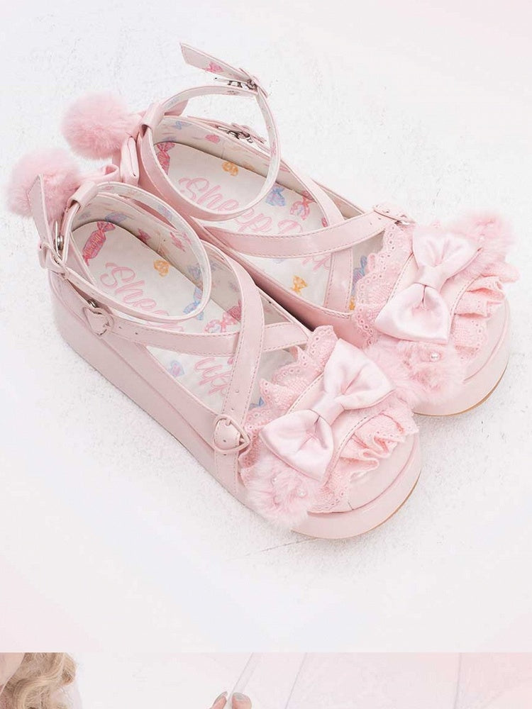 Plateauschuhe mit Plüschschleife und verzierten Pompon-Ohren, kreuz und quer verlaufendes rosa Häschen-Top-Design