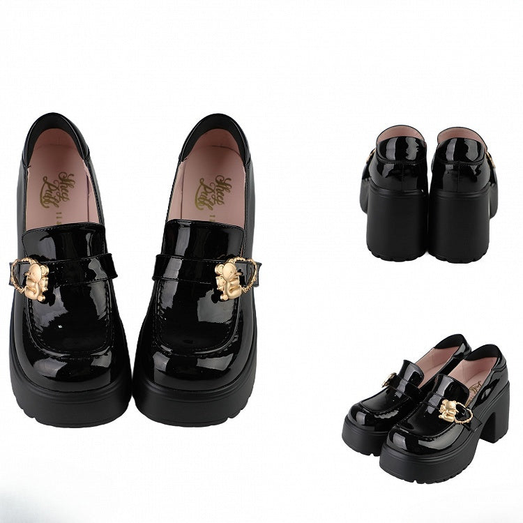 Polierte Blockschnallen High Bear Plateau Slip-Ons Schwarze Heels Hugging Heart