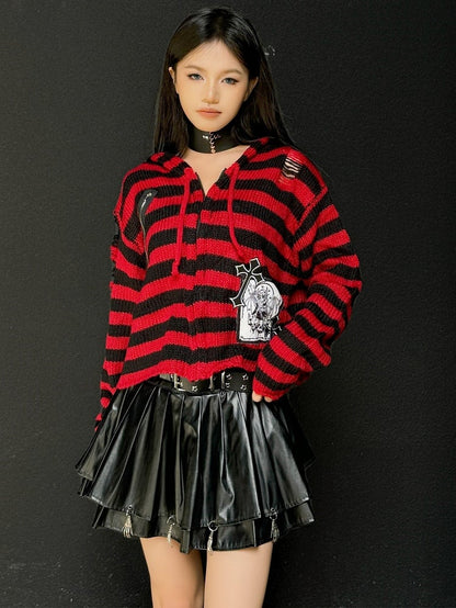 Gothic Punk Black and Red Striped Zip Hoodie GrimReaper Applique