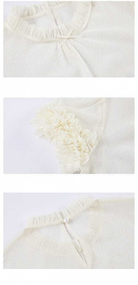 クリーミーなフリルネックライン半袖シアーブラウス