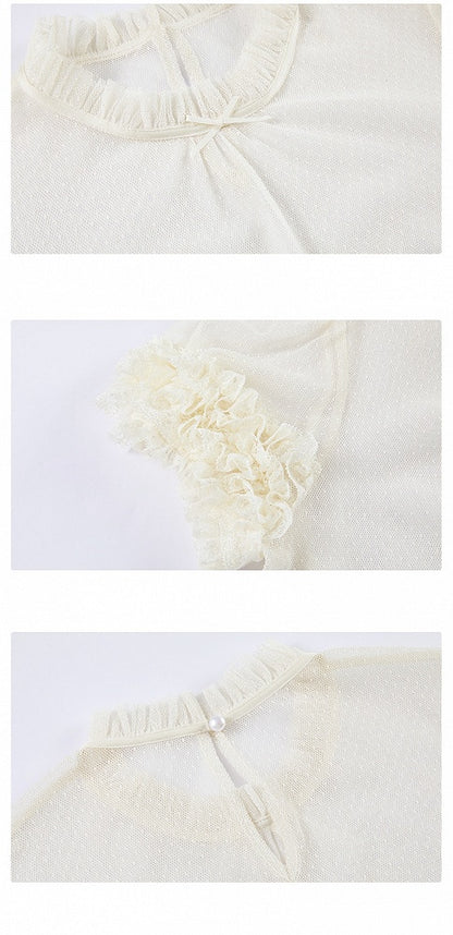 クリーミーなフリルネックライン半袖シアーブラウス