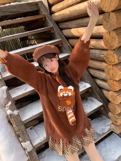 Brown Cute Red Panda Adorned Distress Trim Loose Sweater