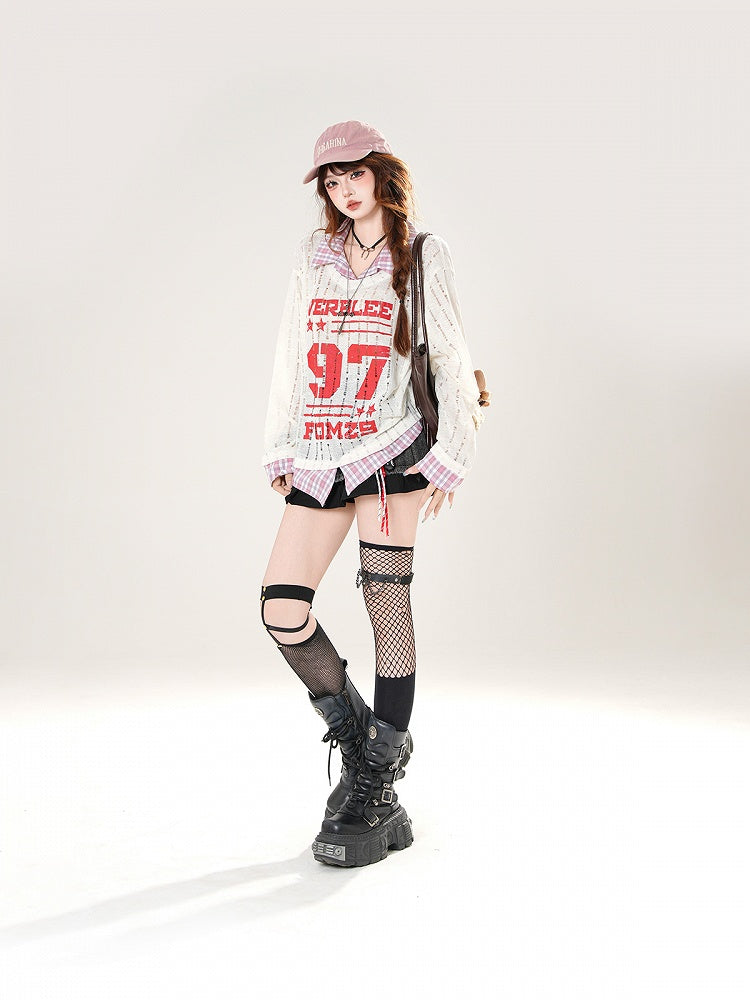 Faux Gray/White Holes Two-pieces Distressed Coverup Plaid Hem