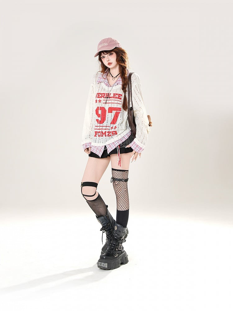 Coverup Faux Holes Distressed Gray/White Plaid Hem Two-pieces