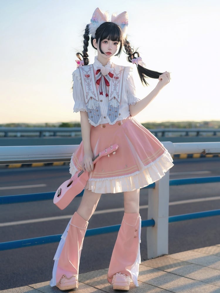 Leg Lolita Warmers Pink + Blouse Set Collar Skirt Ruffled Detachable