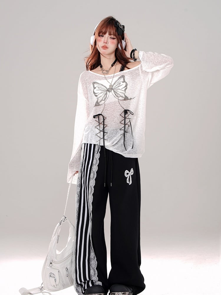 Blokettecore Black/White Bowknot Wide-leg Pants Cut Print