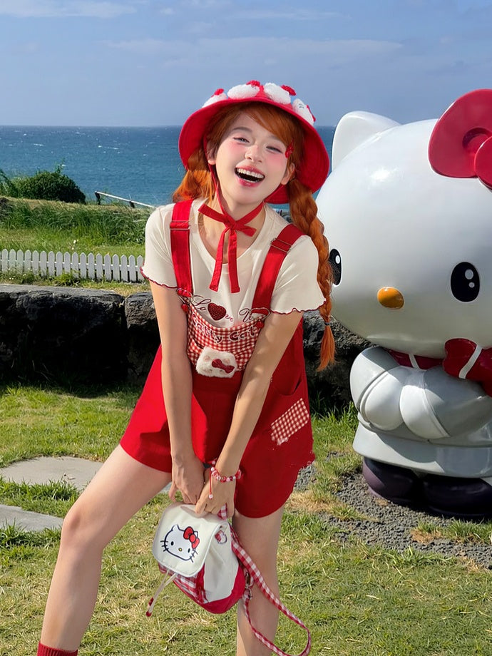 Red Plaid Bowknot Plush Kitty Overall Shorts