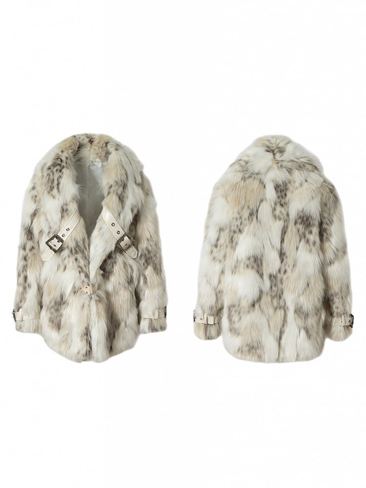 Brown Light Faux with Fur Lapel Wide Ivory Punk Coat PU Buckle Straps